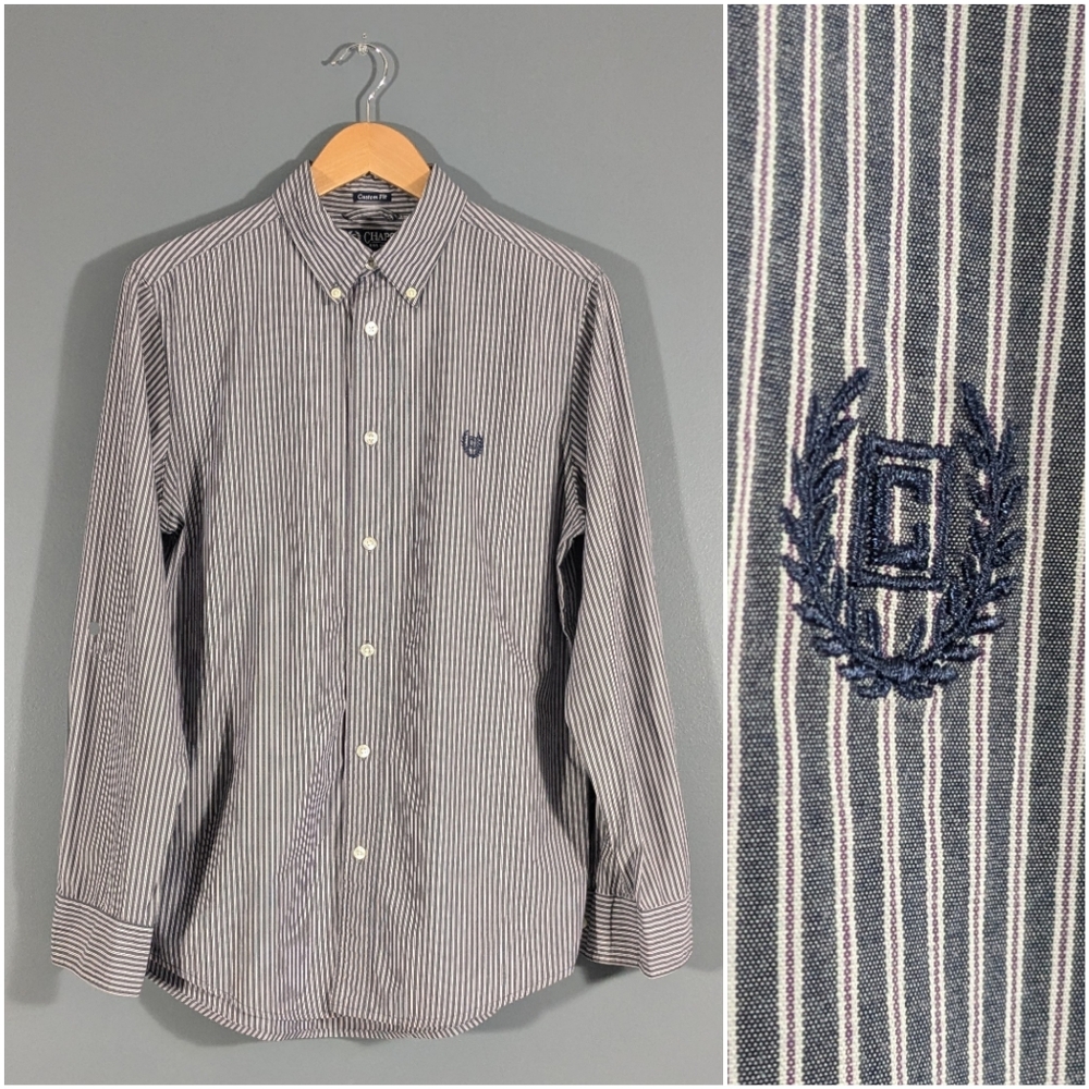 ❤️ Chaps blue chambray striped long sleeve collar shirt 100% cotton size Small